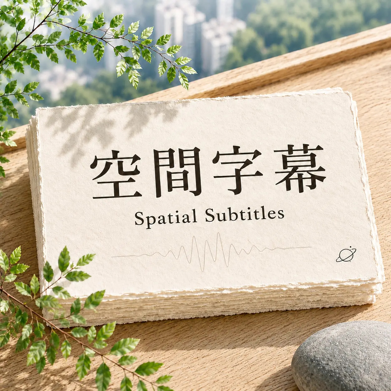 空間字幕 Spatial Subtitles 頻道圖:自然光下的手工紙、綠葉與香港城市遠景